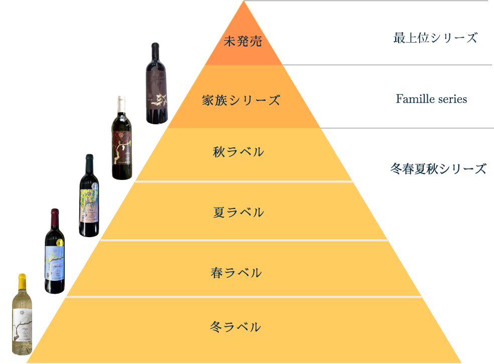 ワインリスト。家族シリーズや季節ラベルごとのラインナップを表示した黄色いピラミッド図形